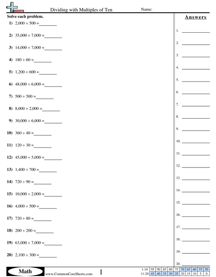 5.nbt.2 Worksheets - Dividing with Multiples of Ten worksheet